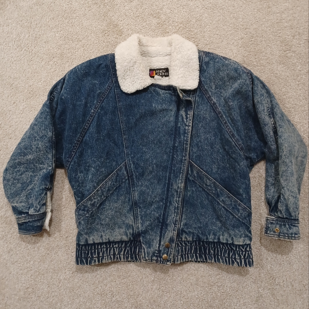Vtg Denim 90s Andy Johns Diagonal Zip Up Sherpa Jacket Dolman Sleeves Size:M